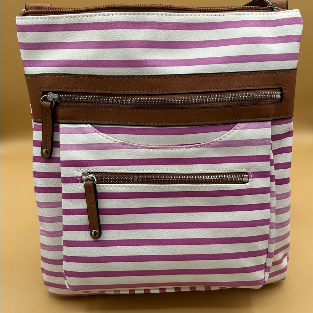 Striped Pink White and Brown Women's Crossbody Bag